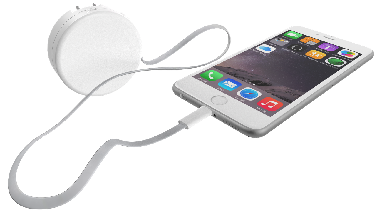 Bibicord Gen 2 white, charging a phone with the retractable cable